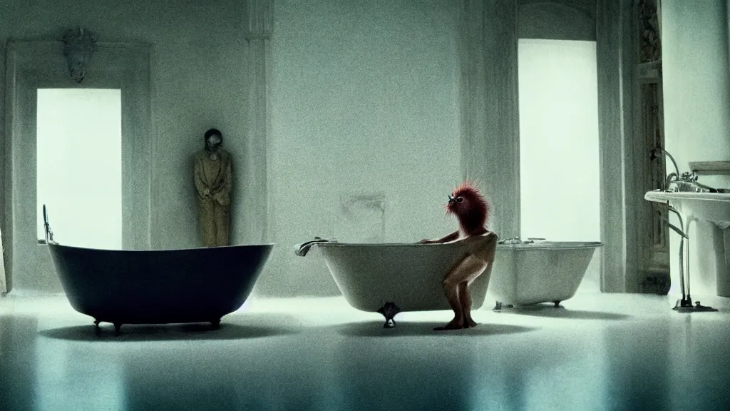 Prompt: the strange creature in a bathtub, film still from the movie directed by Denis Villeneuve with art direction by Salvador Dalí, wide lens