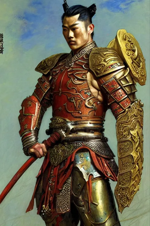 Image similar to attractive muscular male with armor, ming dynasty, character design, colorful paint, complex pattern, sweat, painting by gaston bussiere, craig mullins, j. c. leyendecker, tom of finland