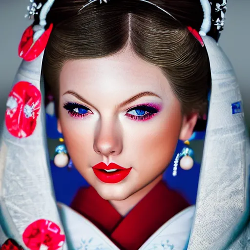 Image similar to hyper detailed, ultra sharp focus photo of taylor swift as a geisha, unreal engine, studio lighting, 8 k, dslr, 8 5 mm f / 1. 8 by sam shaw