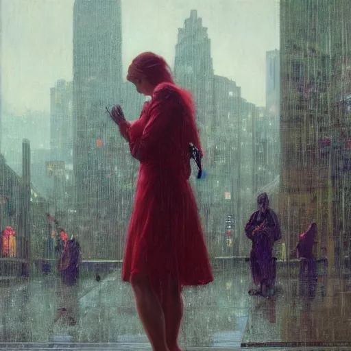 Prompt: detailed portrait of a woman, moment, cyberpunk cloisters, electronic billboards, tech noir, wet reflections, atmospheric, ambient, wlop, livia prima, greg rutkowski, george tooker, gil elvgren, norman rockwell, alexis flower, hopper, mucha, whistler, norman rockwell, peter max,