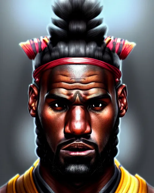 Image similar to face portrait of lebron james as a muscular ronin samurai, wearing a haori, by wlop and peter mohrbacher, dramatic action pose, extremely detailed shading, concept art, digital painting, trending on artstation, unreal engine 5, octane render, atmosphere, glow, cinematic lighting, full of color