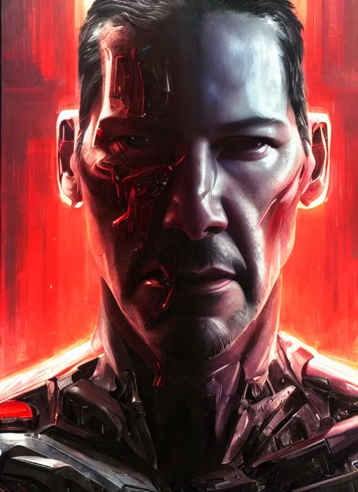 Image similar to keanu reeves as victor stone, full body concept, cyborg, borg, strogg, face of a man, terminator, flesh, quake strogg, doom demon, wolfenstein, monstrous, powerful, symmetry, symmetrical, concept art by ruan jia and greg rutkowski