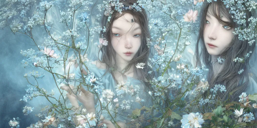 Image similar to breathtaking detailed concept art painting of few goddesses of light blue flowers, orthodox saint, with anxious, piercing eyes, ornate background, amalgamation of leaves and flowers, by Hsiao-Ron Cheng, James jean, Miho Hirano, Hayao Miyazaki, extremely moody lighting, 8K