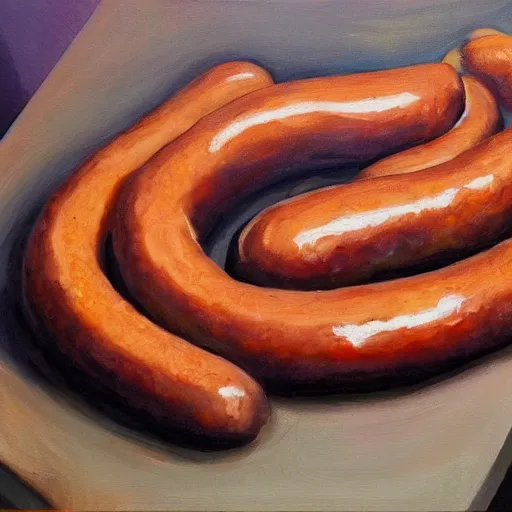 Prompt: an oil painting of a thick greasy sausage