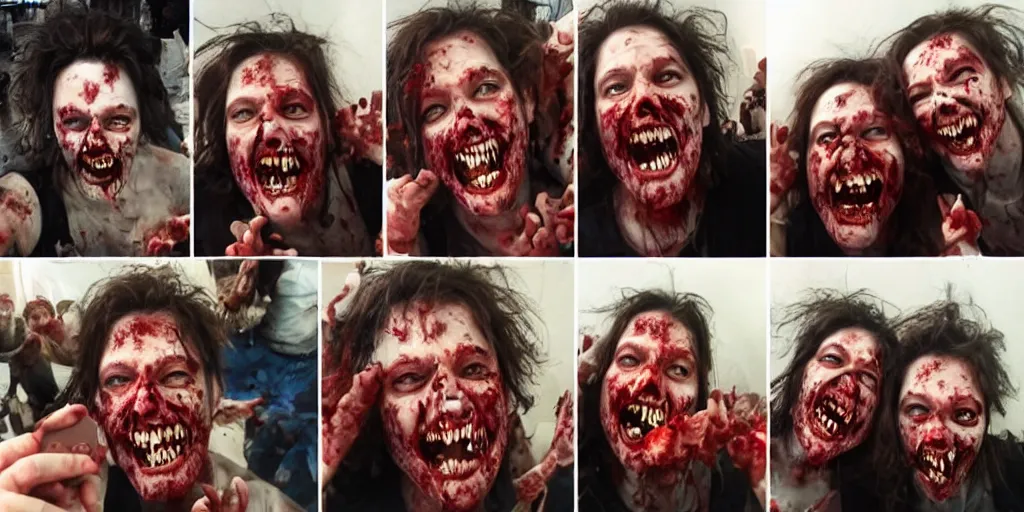 Prompt: smiling zombies selfies