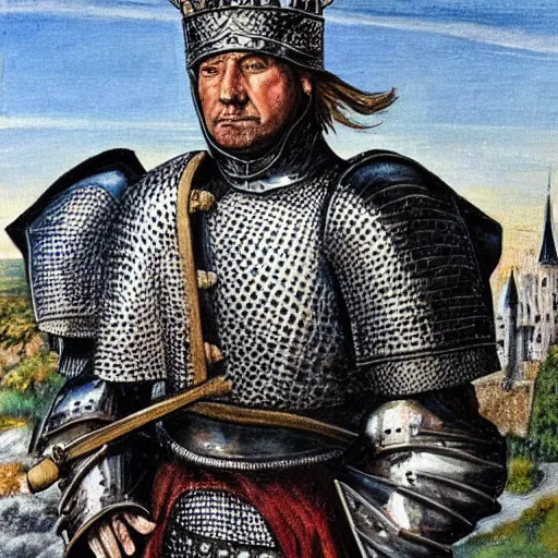 Image similar to knights armor, donald trump, crown!!!!!!, donald trump's face, detailed face, painting of a knight, boots!!!!!!, medieval castle background, valiant, by hans thoma