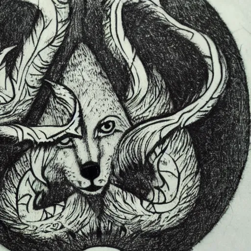 Prompt: wolf with three heads iconography old occult runes intaglio etching engraving alchemy ink witchcraft