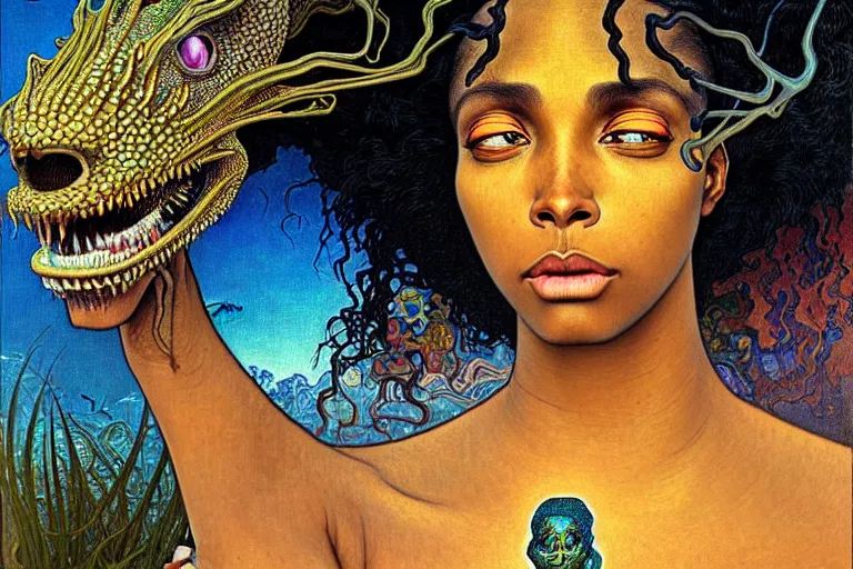 Image similar to realistic extremely detailed closeup portrait painting of a beautiful black woman, mutant dragon and a single old house on background by Jean Delville, Amano, Yves Tanguy, Alphonse Mucha, Ernst Haeckel, Edward Robert Hughes, Roger Dean, rich moody colours