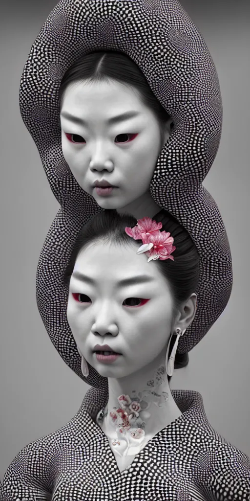 Image similar to hyperrealistic detailed image of a geisha in a art installation room, hd smooth interior by yayoi kusama, part by kei mieno, part by ross tran, dark art by james jean, ultra realistic, highly detailed, life like face, detailed body, 8 k, 3 d render by roger magrini, masterpiece