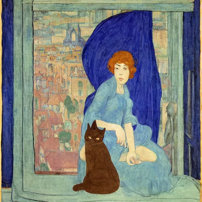 Image similar to portrait of woman in night gown with cat with city with gothic cathedral seen from a window frame with curtains. lapis - lazuli, malacchite, turquoise, indigo. piero della francesca, bonnard, henri de toulouse - lautrec, utamaro, matisse, monet, audubon