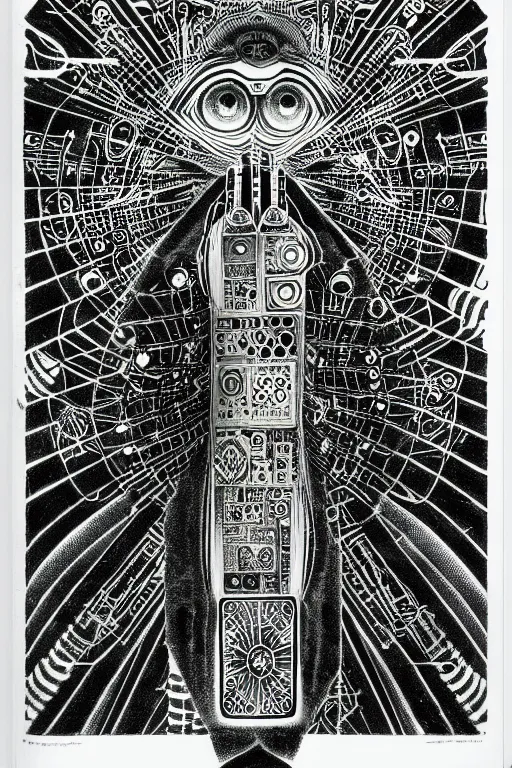 Image similar to a black and white drawing of awakened chakra android cyberpunk being, bioluminescence, a detailed mixed media collage by eduardo paolozzi and ernst haeckel, intricate linework, sketchbook psychedelic doodle comic drawing, geometric, deconstructivism, matte drawing, academic art, constructivism