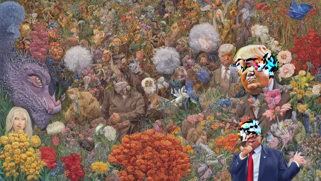 Image similar to highly detailed oil painting of donald trump surrounded by all the known species of flowers by olaf hayek, by moebius, by oliver vernon, by joseph moncada, by damon soule, by manabu ikeda, by kyle hotz, by dan mumford, by kilian eng