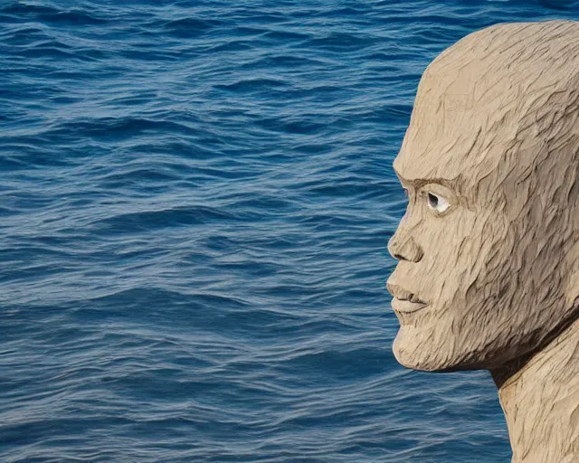 Image similar to a giant abstract sculpture of a human head on the ocean water, in the style of chad knight, award winning, cinematic, hyper - realistic, very detailed, realistic water splashes, ray tracing, 8 k resolution, long - shot, sharp focus, low angle, 8 5 mm photograph, wide lens