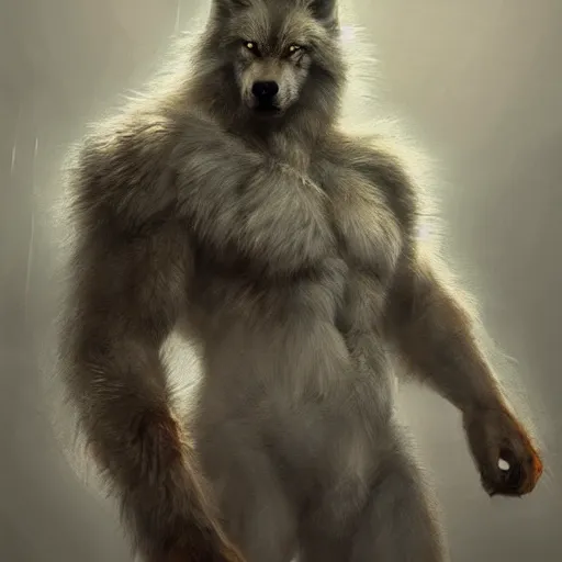 Image similar to wolf werewolf wolfman furry hairy fluffy bodybuilder monster scary creature. natural lighting by ruan jia, portrait