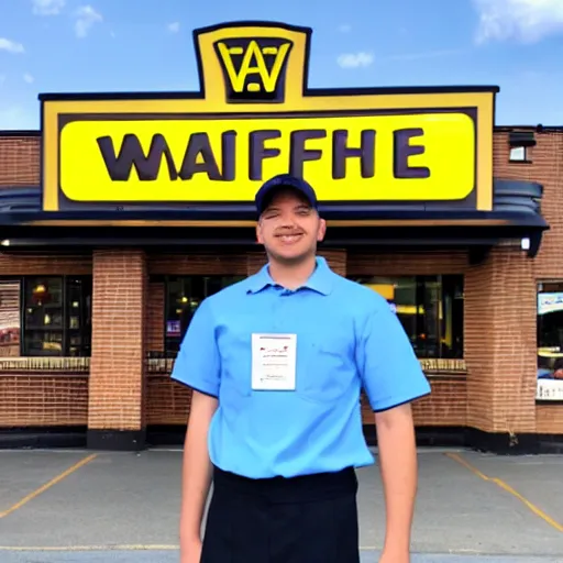 Prompt: wafflehouse employee's standing below wafflehouse sign, employees uniform is blue and black with yellow name tags
