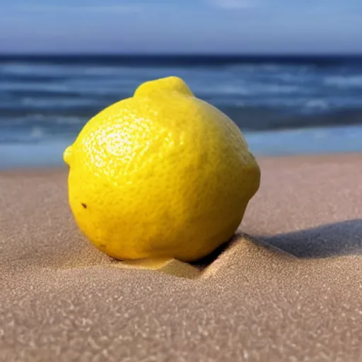 Prompt: a lemon lying down on the beach relaxing while wearing a sunglass photo - realistic