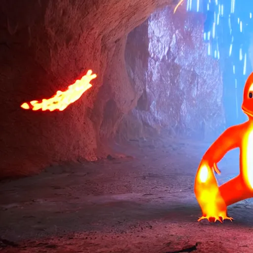 Prompt: cybernetic Charmander, metallic, fiery, glowing, in a cave unreal engine