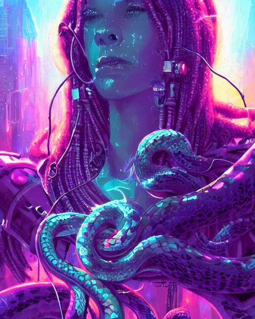 Prompt: a cyberpunk close up portrait of cyborg medusa, electricity, snakes in hair, sparks, bokeh, soft focus, purple, blue, sunny sky, by paul lehr, jesper ejsing