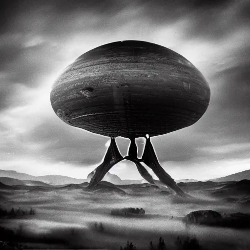 Image similar to aliens invading earth in the style of ansel adams, black and white, old, master photography