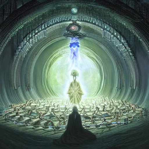 Prompt: a quantum computer, a dark cabal of multiple hooded elven mystics in long robes gathered in a circular formation around a quantum computer, processing the spirits of the dead, dan seagrave, michael whelan art, beautifully detailed