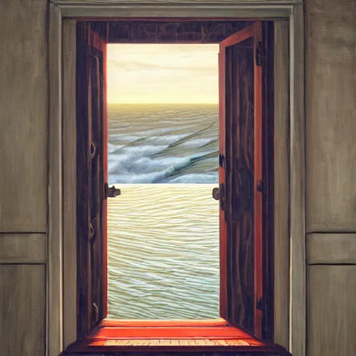 Prompt: a gust of sea air pushed open the door and the ship by jeffrey smith, oil on canvas