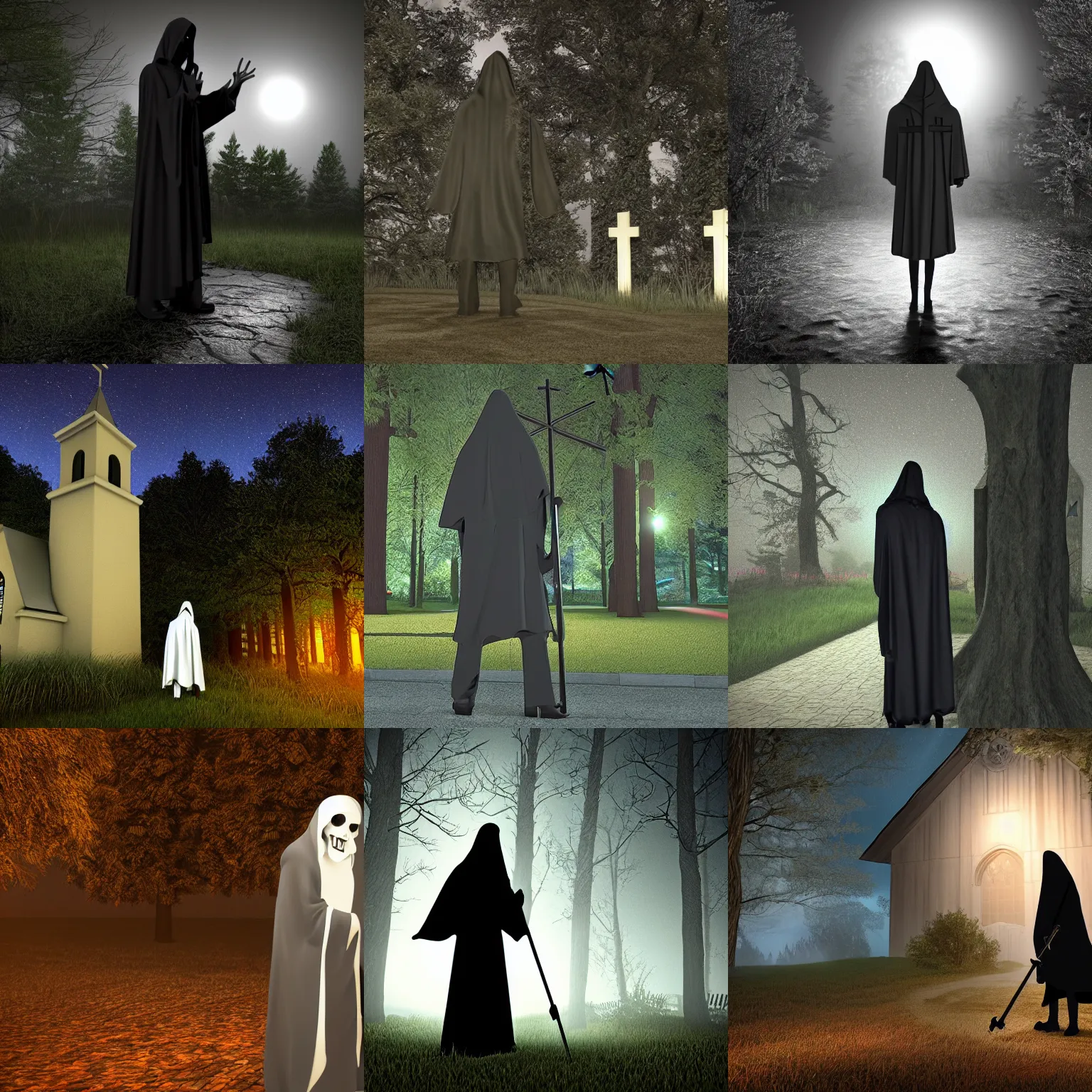 Prompt: grim reaper outside a church in the woods at night, ultra realistic