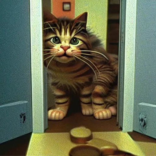 Prompt: garfield the cat in a found footage horror movie