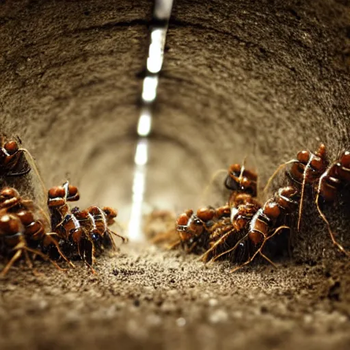 Prompt: cinematic photo of humans wearing realistic ant costumes in an underground dirt tunnel. several tunnel exits lead off in different directions. at the side of the tunnel are very large white pulsating ant larvae.