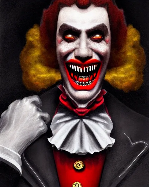 Image similar to dracula ronald mcdonald, character portrait, close up, concept art, intricate details, highly detailed, hyperrealism in the style of otto dix and h. r giger