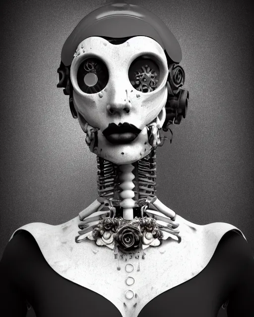 Image similar to black and white dreamy foggy smoky profile face portrait, one silver steampunk realistic eye biomechanical beautiful young female cyclope - cyborg - robot bust, body ribs meshes,, volumetric light, hibiscus flowers, by hg giger, rim light, by dora maar and cecile beaton, big gothic fashion pearl embroidered collar, 8 k