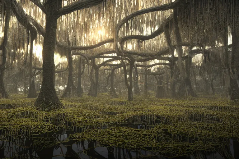 Image similar to Swamp full of trees made out of thousands of wires and pipes with an ancient technomancer temple in the center, close up, ultra realistic reflections, octane render