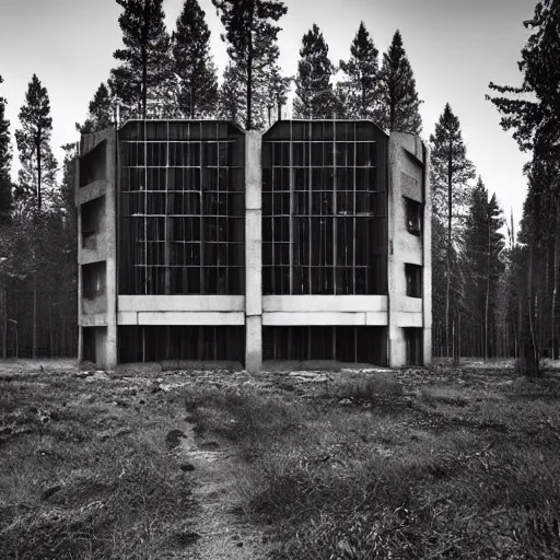 Prompt: a giant brutalist building in the forest in russia, building facing, reflections, symmetry, highly detailed, golden ratio, black and white color scheme, etching render