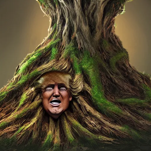 Image similar to donald trump is fused into a tree stump, hyperdetailed, artstation, cgsociety, 8 k
