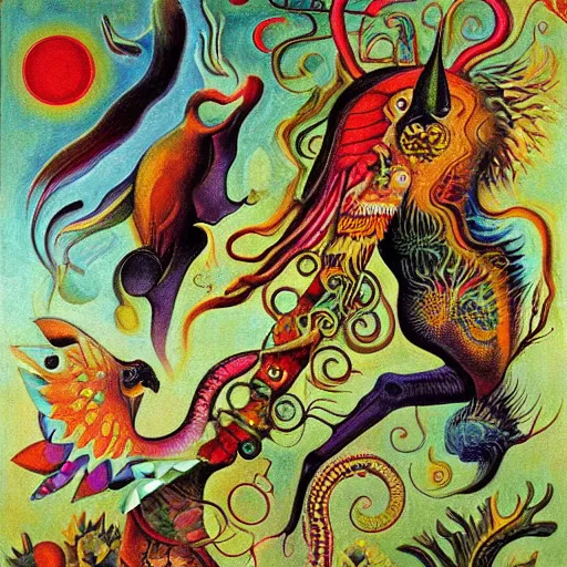 Image similar to strange mythical beasts of whimsy, surreal oil painting by ronny khalil and kandinsky, drawn by ernst haeckel, as an offering to zeus