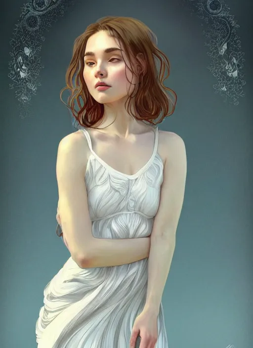 Prompt: long shot, woman posing, short wavy hair, round face, intricate white dress, cottagecore!!, inside water, intricate, enlightened, highly detailed, digital painting, artstation, concept art, smooth, sharp focus, illustration, inspired by artgerm, by marat safin, and alphonse mucha