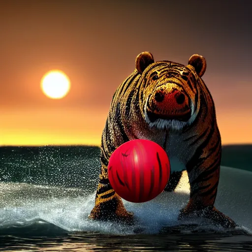 Prompt: a closeup photorealistic photograph of a cute smiling knitted tiger hippopotamus chasing after a beachball during sunset. surf in background. professional capture. this 4 k hd image is trending on artstation, featured on behance, well - rendered, extra crisp, features intricate detail, epic composition and the style of unreal engine.