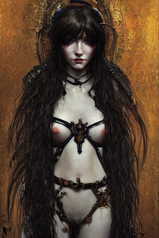 Image similar to portrait of beautiful young gothic maiden, cyberpunk, Warhammer, highly detailed, artstation, illustration, art by Gustav Klimt