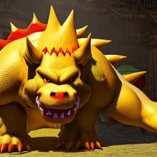 Image similar to realistic bowser, 8 k, hd, highly detailed