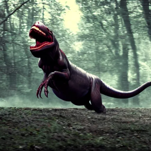 Image similar to cinematic shot of the joker riding on a t - rex in the wild, 8 k, very detailed,