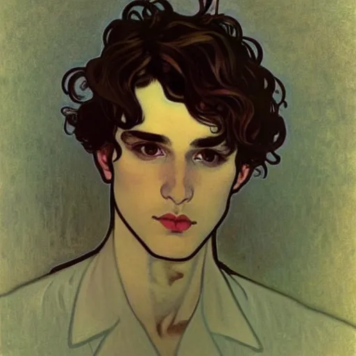 Image similar to painting of young cute handsome beautiful dark medium wavy hair man in his 2 0 s named shadow taehyung at the halloween party, somber, depressed, melancholy, sad, elegant, clear, painting, stylized, delicate, soft facial features, delicate facial features, soft art, art by alphonse mucha, vincent van gogh, egon schiele