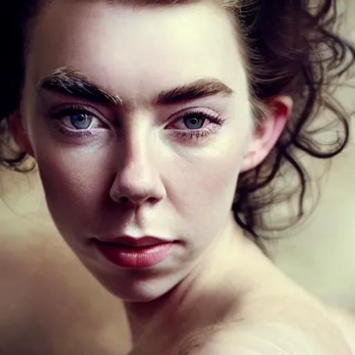 Image similar to stunning photo of vanessa kirby, dark - haired goddess, a beautiful closeup, she has tears running down her face, wet lips, perfect eyes, insanely detailed, elegant, by wlop, rutkowski, livia prima, mucha,