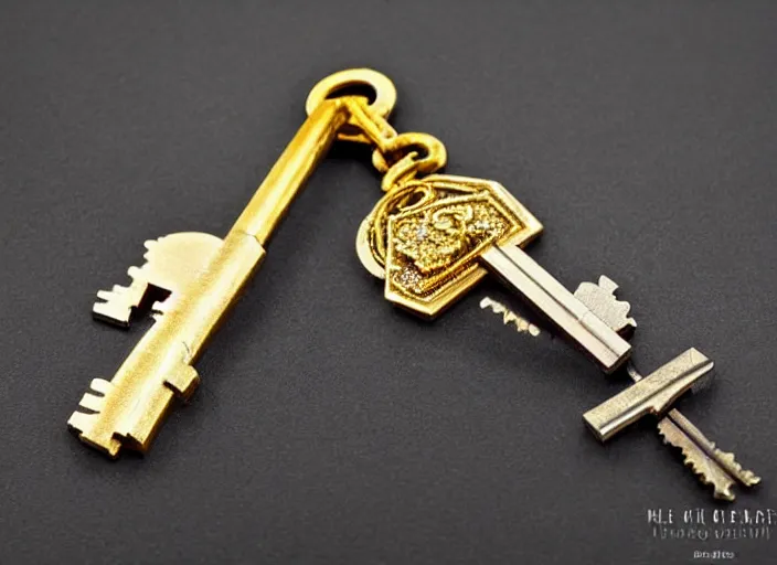 Image similar to close up of a gold and sapphire key, high detail, complex