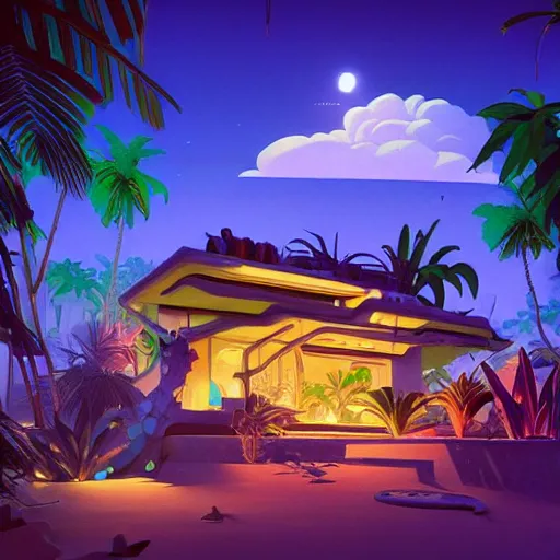 Image similar to a luminescent tropical cottage by paolo eleuteri serpieri and tomer hanuka and chesley bonestell and daniel merriam and tomokazu matsuyama, unreal engine, high resolution render, featured on artstation, octane, 8 k, highly intricate details, vivid colors, vector illustration