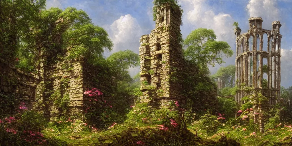 Prompt: Art of The cinematic view of The overgrown ruins of a stone tower amidst a forest of flowering trees by John Howe
