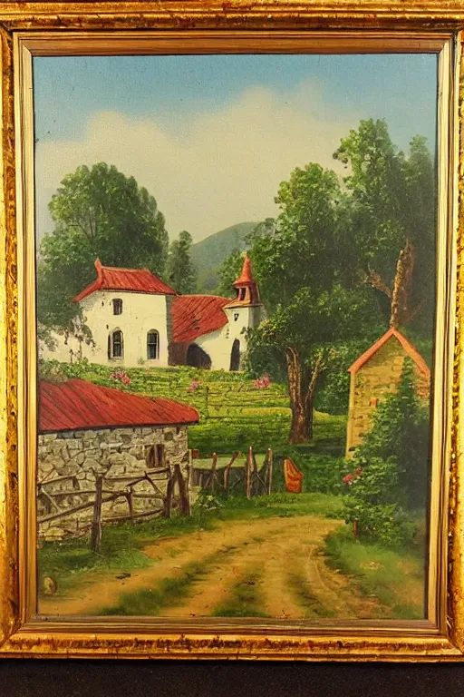 Image similar to antique painting of countryside village farm