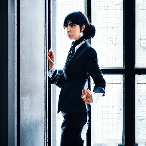 Prompt: hyperdetailed photo of a serious woman with light eyes in a cybercity, wearing fashion suit, inside berghain, classic, photo 3 5 mm leica, hyperdetail, 8 k, very detailed, fine face