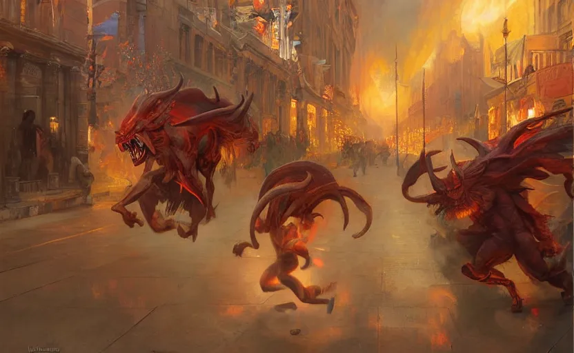 Image similar to demon running through the streets of the capital by kev walker and vladimir volegov and alexander averin and delphin enjolras and daniel f. gerhartz