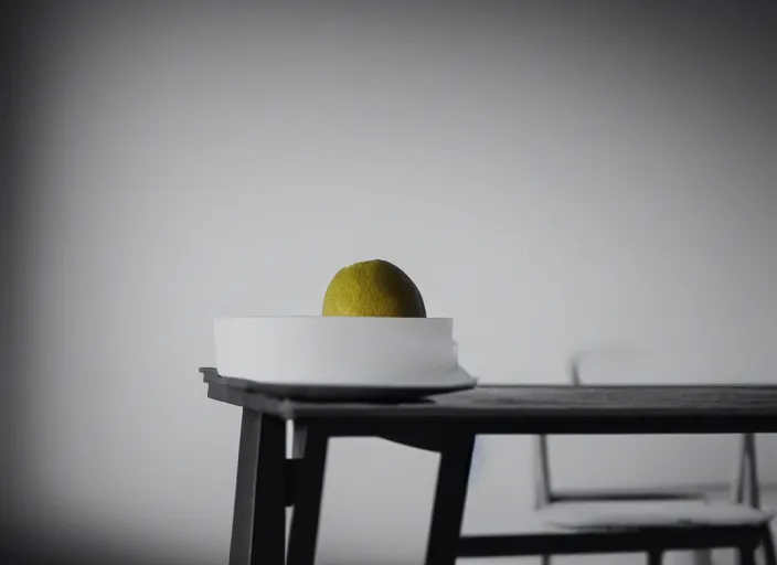 Prompt: dark liminal room, lemon sits idly on a centered table, eerie atmosphere, dark dramatic lighting, trending on unsplash, 4 k photorealism