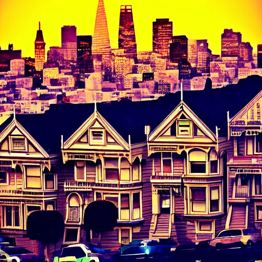 Prompt: a photograph of the painted ladies in san francisco at sunset artstation cyberpunk dreamscape high definition