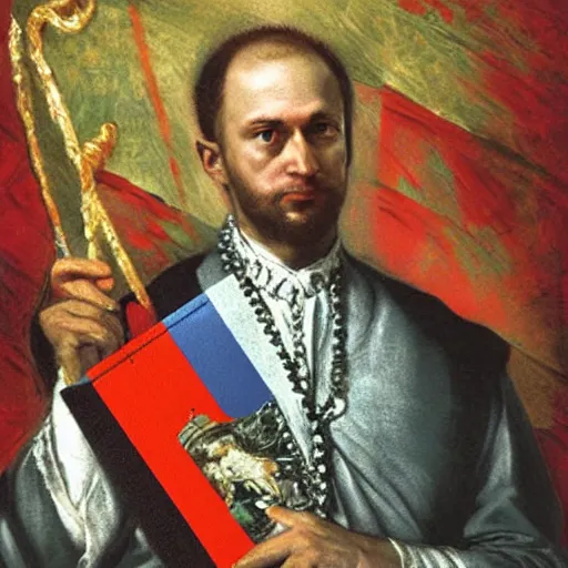 Image similar to painting of Vladimir Putin holding a Russian flag, Paolo Veronese style